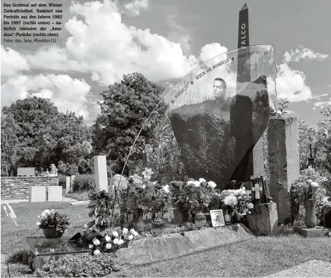  ?? Fotos: dpa, Sony, Mauritius (1) ?? Das Grabmal auf dem Wiener Zentralfri­edhof, flankiert von Porträts aus den Jahren 1982 bis 1997 (rechts unten) – na türlich inklusive der „Ama deus“Perücke (rechts oben).