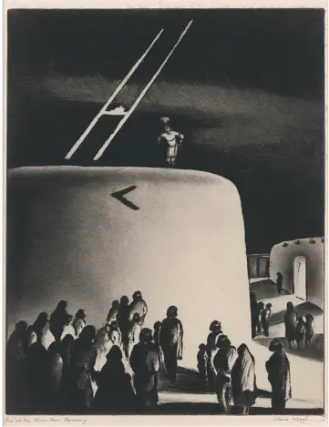  ?? ?? Eve of the Green Corn Ceremony - Domingo Pueblo (1934), drypoint, aquatint; top: Untitled (New Mexico Landscape) (c. 1940), watercolor on paper