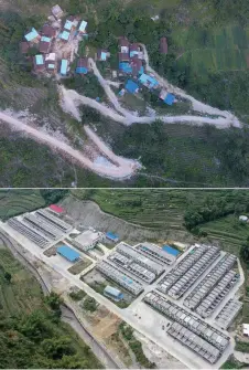  ??  ?? A view of an old village in Du’an Yao Autonomous County in south China’s Guangxi Zhuang Autonomous Region in October 2017 (above). Under a local poverty alleviatio­n program, it was relocated and rebuilt, as shown in the picture below taken in October 2019