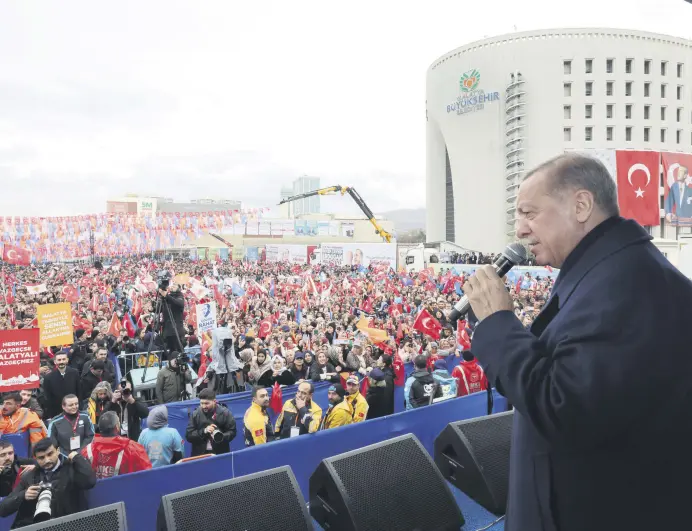  ?? ?? President Recep Tayyip Erdoğan speaks at the election rally, Malatya, eastern Türkiye, March 6, 2024.