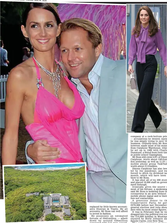  ??  ?? Turmoil: Kate in Jigsaw trousers and (far left) cardigan. Centre, David Ross with ex-lover Shelley Ross. Inset, the Mustique villa, where Boris and Carrie spent New Year