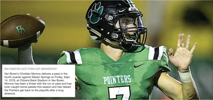  ?? NWA DEMOCRAT-GAZETTE/BEN GOFF @NWABENGOFF ?? Van Buren’s Christian Morrow delivers a pass in the fourth quarter against Siloam Springs on Friday, Sept. 14, 2018, at Citizens Bank Stadium in Van Buren. Morrow has been a threat with the run or pass and has even caught some passes this season and has helped the Pointers get back to the playoffs after a long absence.