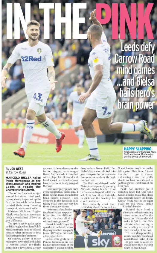  ??  ?? TWO GOOD Ezgjan Alioski hits Leeds’ second HAPPY SLAPPING First goal scorer Mateusz Klich (left) and Kemar Roofe enjoy getting Leeds off the mark