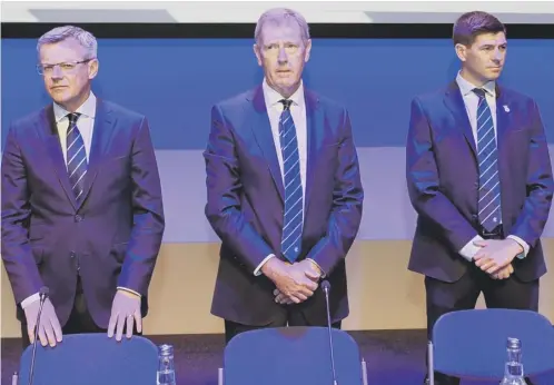  ??  ?? 0 Rangers managing director Stewart Robertson, chairman Dave King and manager Steven Gerrard at the club’s agm at Clyde Auditorium.