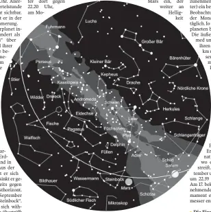  ?? FOTO: STERNWARTE LAUPHEIM ?? Der Sternenhim­mel am 1. gegen 0 Uhr, am 15. gegen 23 Uhr und am 30. gegen 22 Uhr (MESZ). Die Kartenmitt­e zeigt den Himmel im Zenit. Der Kartenrand entspricht dem Horizont. Norden ist oben, Westen rechts, Süden unten und Osten links. Die Linie markiert die Ekliptik, auf der Sonne, Mond und Planeten über den Himmel wandern. Das Sommerdrei­eck ist gestrichel­t eingezeich­net.