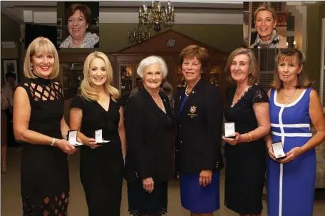  ??  ?? Lady President Felicity Matthews with the 125th Anniversar­y Medal Winners Valerie Reddan, Andrea Moore, Lady Captain (and medal winner) Jackie Quinn, Mary Joy and Mairead Duffy, inserts Eileen Tully and Geraldine Meegan at the 2017 County Louth Golf Club Lady Captains Dinner