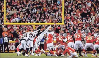  ?? The enquirer visa usa Today sports — sam Greene ?? Former Georgia Tech kicker Harrison Butker connects for the go-ahead 45-yard field goal in the closing seconds of Sunday’s AFC Championsh­ip Game, sending the Chiefs into the Super Bowl for the third time in four years.