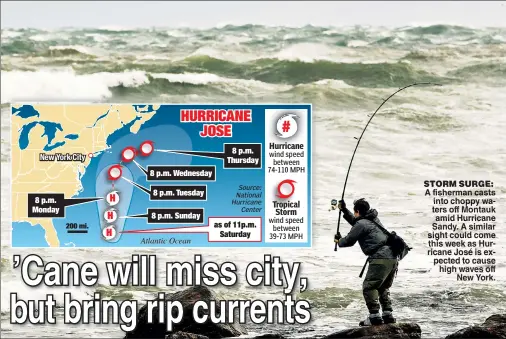  ??  ?? STORM SURGE: A fisherman casts into choppy waters off Montauk amid Hurricane Sandy. A similar sight could come this week as Hurricane José is expected to cause high waves off New York.
