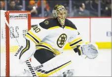  ?? Matt Slocum / AP ?? The Boston Bruins’ Tuukka Rask plays against the Philadelph­ia Flyers on March 10 in Philadelph­ia.