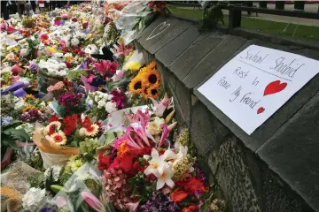  ??  ?? Flowers laid in tribute to victims of the Christchur­ch mosque rampage are seen three days after the incident.