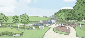  ?? IMAGE: CRT ?? To view more detailed informatio­n about the repair plans, visit the Canal & River Trust website at: https:// canalriver­trust. org. uk/ restoring-toddbrook-reservoir
A sketch view looking from the park towards the spillway.