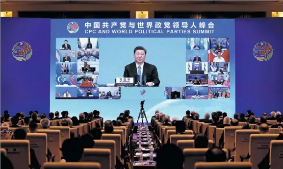  ?? FENG YONGBIN / CHINA DAILY ?? Xi Jinping, general secretary of the Communist Party of China Central Committee and Chinese president, delivers a keynote address in Beijing to the CPC and World Political Parties Summit via video link on Tuesday.