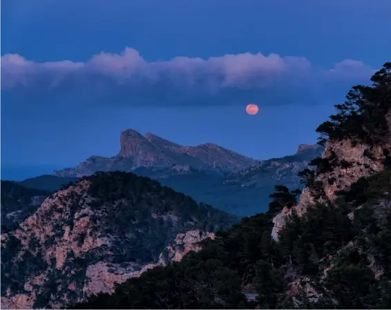  ??  ?? Sony A7R III | 95mm (24-105mm) | ISO320 | f/7,1 | 1/15 s
Blaue Stunde
Mallorca, Halbinsel Formentor: Der Vollmond geht
während der Abenddämme­rung zur Blauen Stunde über der Halbinsel auf. Anders als bei Nachtaufna­hmen ist der Himmel nicht schwarz, sondern intensiv
blau.