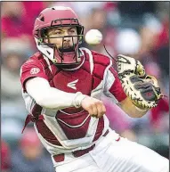  ?? NWA Democrat-Gazette/BEN GOFF ?? Arkansas sophomore catcher Casey Opitz has thrown out 19 of 40 base stealers this season for an SEC-leading 47.5% heading into today’s game against Ole Miss at the SEC Tournament.