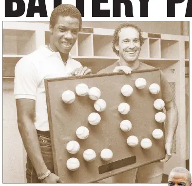  ?? Bob Olen; Paul J. Bereswill ?? FOREVER LINKED: Dwight Gooden stood alongside his catcher Gary Carter after winning his 20th game in 1985 and reunited in 2010 before a game at Citi Field (right). Carter died in 2012 following a cancer diagnosis, but his widow, Sandy, says he would have been on hand to see Gooden’s No. 16 retired by the Mets on Sunday.