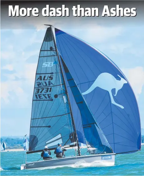  ?? Picture: JANE AUSTIN ?? SPECTACLE: Tasmanian Michael Cooper’s Export Roo at this year’s SB20 worlds titles at Cowes.