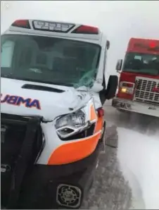  ?? Photos courtesy Hutch Ambulance Service ?? The damaged ambulance at the scene of the collision, Jan. 31.