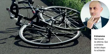  ??  ?? Il dramma
Nel tondo la vittima. Qui a sinistra la bici dopo lo schianto