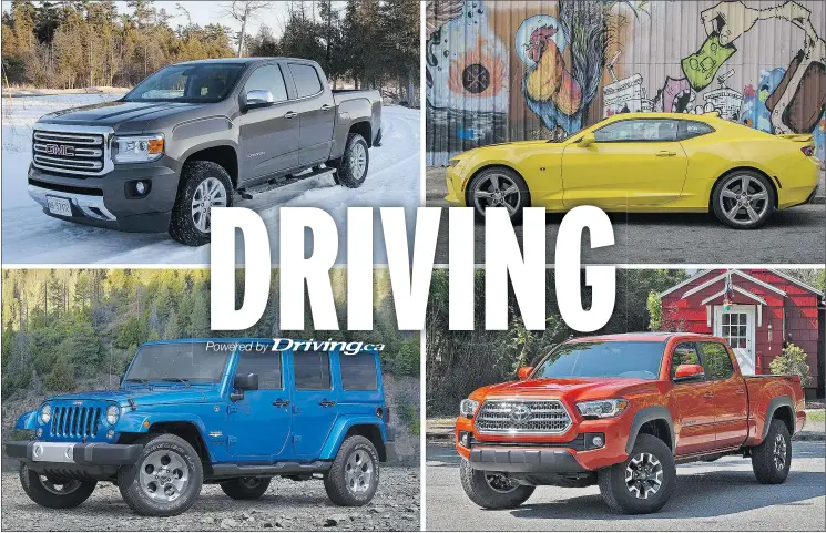  ??  ?? Clockwise from top left, the GMC Canyon, Chevrolet Camaro, Toyota Tacoma and Jeep Wrangler are among the 10 best new vehicles to buy when it comes to resale value.
