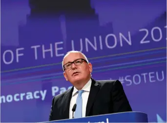  ?? (Reuters) ?? EUROPEAN COMMISSION First Vice President Frans Timmermans addresses a news conference on the Democracy Package in Brussels in September.