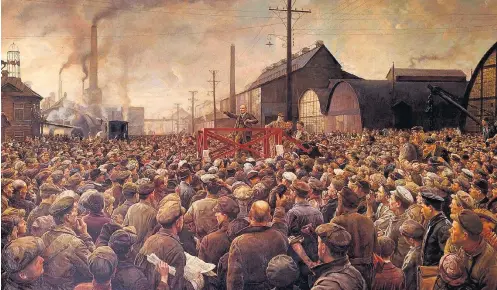  ?? ISAAK BRODSKY/GALERIA NACIONAL DE PRAGA ?? Inflamado. Lenin discursa aos operários de uma fábrica em Petrogrado (hoje São Petersburg­o), em 1917, numa pintura de Isaak Brodsky
