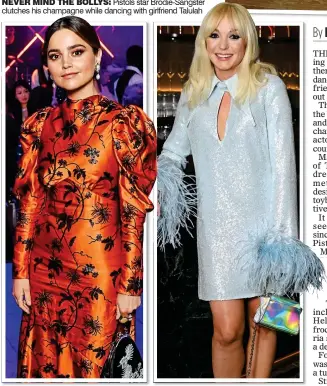  ?? ?? DEMURE: Jenna Coleman in orange satin floral print gown and pearl earrings
ALL THE FRILLS: Helen George in baby blue mini-dress with feathered sleeves