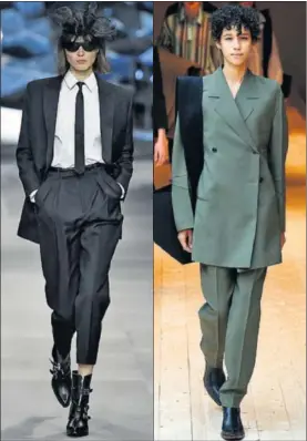  ?? / Y. ZHANG / LESTROP (GETTY) ?? En las imágenes de la izquierda, vestido y traje del nuevo Celine. Y a la derecha, modelos de la época de Philo.