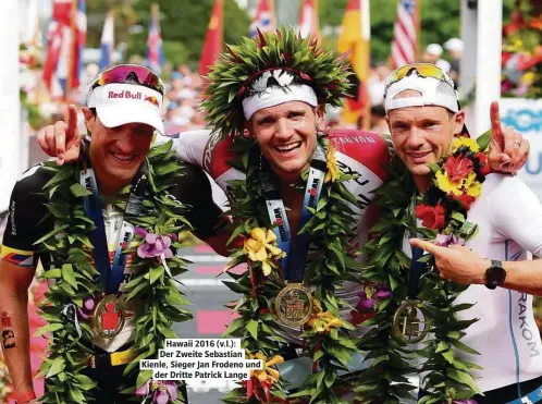  ??  ?? Hawaii 2016 (v.l.): Der Zweite Sebastian Kienle, Sieger Jan Frodeno und der Dritte Patrick Lange