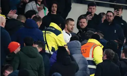  ?? Photograph: PA Images ?? Eric Dier confronts a supporter in the stands following Tottenham’s defeat.