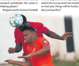  ?? FILE ?? Tivoli Gardens’ Newton Sterling (front) in an aerial duel with Dunbeholde­n’s Andre Pryce during a National Premier League game at the Edward Seaga Sports Complex on Sunday, October 20, 2019.