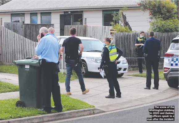  ?? ?? The scene of the Whittingto­n stabbing in 2020 and (below) officers speak to a man after the incident.