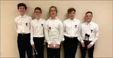  ?? PHOTO PROVIDED ?? Members of the state-qualifying percussion ensemble show off their gold medals at the ISSMA District competitio­n. (l-r) freshmen Ethan Podlesak, Luke Sellers, Jonny Schramm, Logan Lindstrom and Gavin Dewitt.