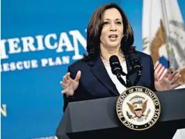  ?? TRIBUNE NEWS SERVICE ?? Vice President Kamala Harris speaks during an event on the implementa­tion of the American Rescue Plan’s investment in child care in the Eisenhower Executive Office Building in Washington, D.C., on Thursday.
