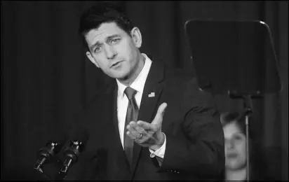  ?? JOHN HART / WISCONSIN STATE JOURNAL VIA AP ?? House Speaker Paul Ryan, R-Wis., speaks Oct. 14 during an appearance with a group of College Republican­s at the Masonic Center in Madison, Wis.