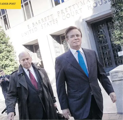  ?? WIN MCNAMEE/GETTY IMAGES ?? Paul Manafort, right, former campaign manager for President Donald Trump, leaves U.S. District Court in Washington on Monday after pleading not guilty on federal charges. Two others were also named in the first indictment­s of special prosecutor Robert...