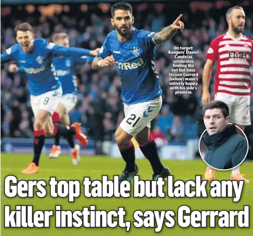  ??  ?? On target: Rangers’ Daniel Candeias celebrates finding the net but boss Steven Gerrard (below) wasn’t entirely happy with his side’sprowess