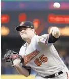  ?? ELAINE THOMPSON/ASSOCIATED PRESS ?? Josh Rogers, who has made two starts for the Orioles after coming over in the Zach Britton trade from the Yankees, has pitched a combined 150 innings this season.