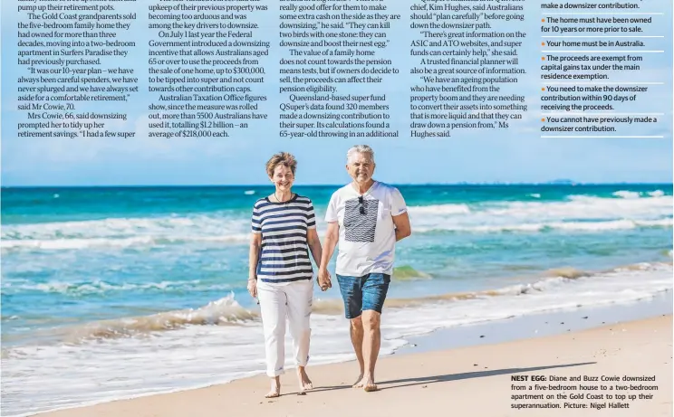  ?? Picture: Nigel Hallett ?? NEST EGG: Diane and Buzz Cowie downsized from a five-bedroom house to a two-bedroom apartment on the Gold Coast to top up their superannua­tion.