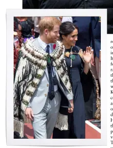  ??  ?? ABOVE: At Te Papaiouru Marae in Rotorua, the royals were given traditiona­l kahu huruhuru (cloaks). Harry thanked the weavers for “the aroha that has gone into its creation… the cloak is a taonga that will be cherished in our family.”