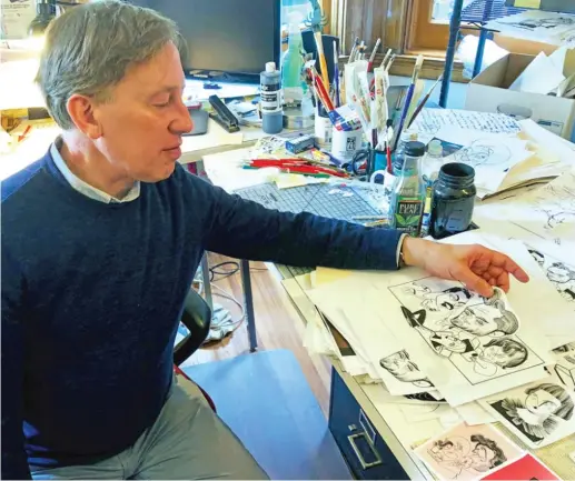  ?? NEIL STEINBERG/SUN-TIMES ?? New Yorker artist Tom Bachtell in his studio on the 14th floor of the Monadnock Building in the South Loop. For 30 years, Bachtell has drawn the caricature­s that grace the pages of the magazine.