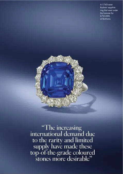  ??  ?? A 17.43-carat Kashmir sapphire ring that went under the hammer for £723,000, at Bonhams