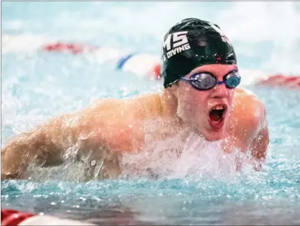  ?? JAMES BEAVER — FOR MEDIANEWS GROUP FILE ?? Pennridge’s Sean Whitehurst emerges from the pool during the 100-yard butterfly in a meet against Souderton.