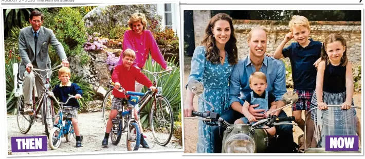  ??  ?? FAMILY FUN: William, aged seven, with four-year-old Harry, Diana and Charles off for a bike ride on Tresco during a holiday in 1989. Right: William and Kate with children George, Charlotte and Louis THEN NOW