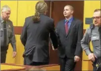  ?? PATRICK RAYCRAFT — HARTFORD COURANT/POOL ?? Tony Moreno shakes hands with his attorney, Norm Pattis, as he enters the courtroom for his murder trial Friday morning.