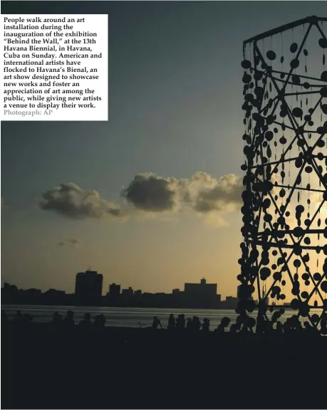  ?? Photograph: AP ?? People walk around an art installati­on during the inaugurati­on of the exhibition “Behind the Wall,” at the 13th Havana Biennial, in Havana, Cuba on Sunday. American and internatio­nal artists have flocked to Havana’s Bienal, an art show designed to showcase new works and foster an appreciati­on of art among the public, while giving new artists a venue to display their work.