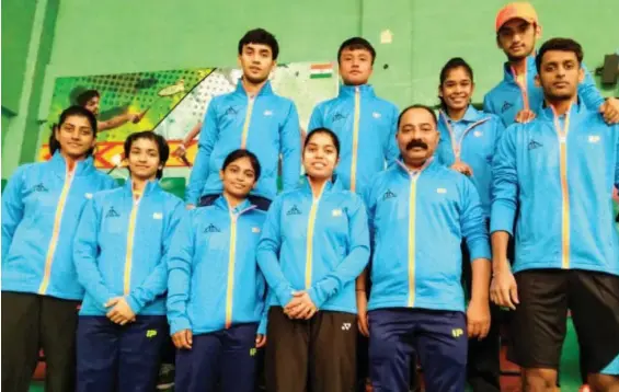  ??  ?? Members of the Airport Authority of India team after sealing berth in the finals of Yonex Sunrise 74th Inter- Zonal State Championsh­ips in Guwahati on Sunday. AAI defeated Andhra 3- 0 in the semifinals.
