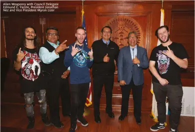  ??  ?? Alien Weaponry with Council Delegate Edmund E. Yazzie, President Jonathan Nez and Vice President Myron Lizer