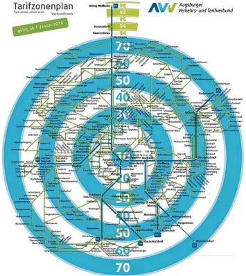  ?? Grafik: Stadtwerke Augsburg/AVV ?? So sieht der neue Tarifzonen­plan des Augsburger Verkehrsve­rbunds aus, der seit 1. Januar gilt.