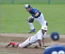  ?? PHOTO BY KYLE ADAMS ?? Saratoga Springs shortstop Christian Kondo leaps over Niskayuna base runner Aaron Whitley after a steal of second base Thursday afternoon in Suburban Council action.