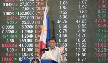  ?? — Reuters ?? Philippine President Rodrigo Duterte gestures while delivering a speech during the 10th listing anniversar­y of Phoenix Petroleum, inside the Philippine Stock Exchange (PSE) in Makati City, Philippine­s.